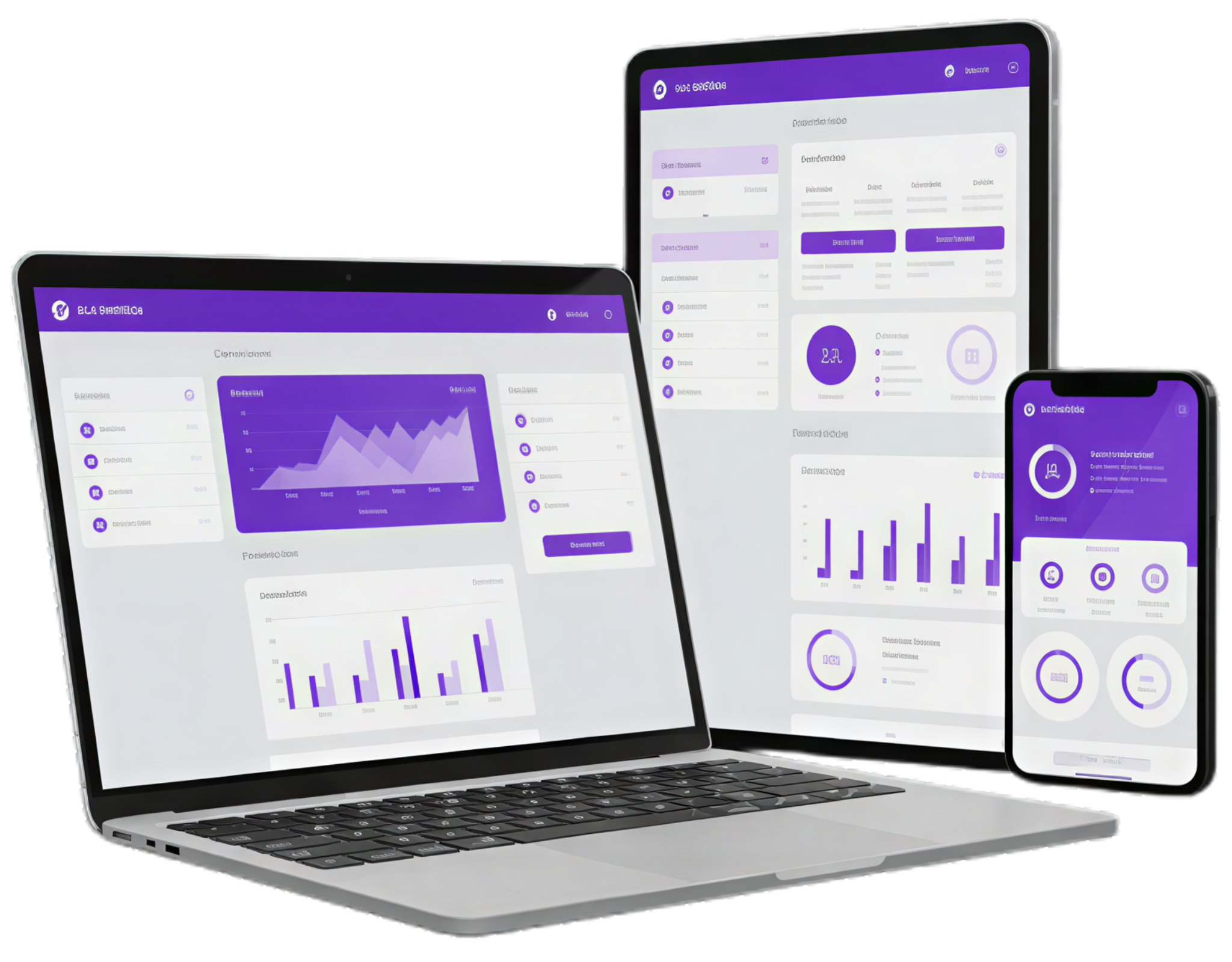 Ilustração de dispositivos modernos mostrando aplicações web e mobile desenvolvidas pela Vexion Systems